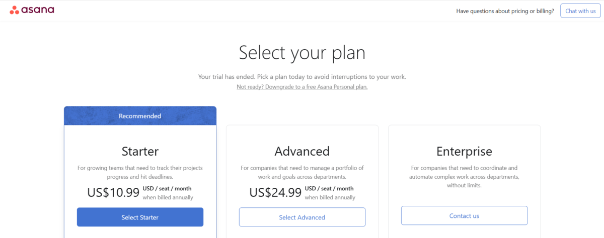 Asana as one of free tools and systems for entrepreneurs before hiring a virtual assistant and their pricing plans.
